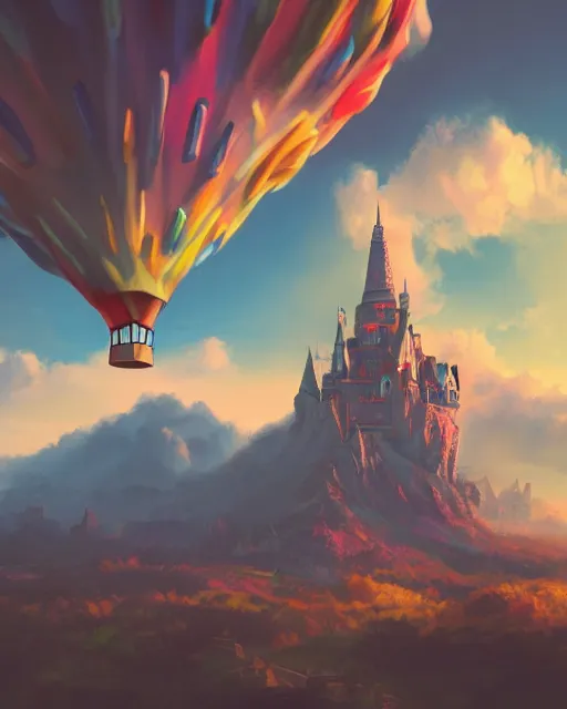 Image similar to flying cloud castle, buildings, baloons, machines, bright, blue sky, mountains, colorful, cinematic lighting, fantasy, high detail, illustration, masterpiece, artstation, 4 k, art by wylie beckert