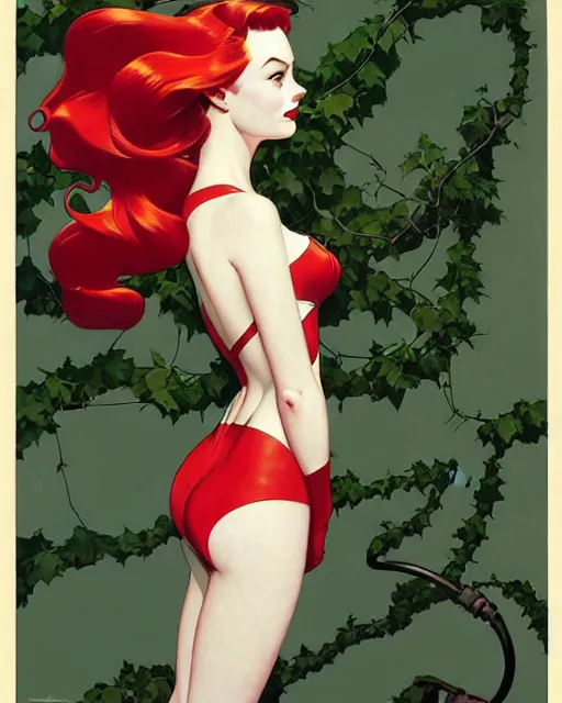 Image similar to joshua middleton, phil noto, norman rockwell, artgerm, 1 9 5 0 s rockabilly emma stone poison ivy dc comics, vines, symmetrical eyes, city rooftop