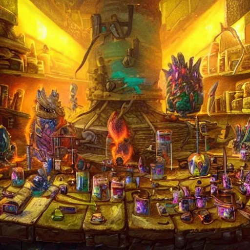 Image similar to these monsters are consumed by fire, yet they remain unharmed. they are surrounded by the tools of the alchemist's trade - beakers and test tubes full of colorful liquids, crystals, and books of ancient knowledge. the scene is suffused with an eerie glow, as if something magical is happening here. dramatic lighting epic glows eerily beautiful photograph