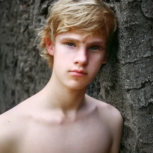 Image similar to Portrait of a sad looking teenage boy, around 20 yo, natural blonde hair and smooth pale skin. Fisher net tank top, Award winning photograph.