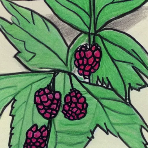 Image similar to children's drawing of a blackberry plant, very poor quality, horrible color palette