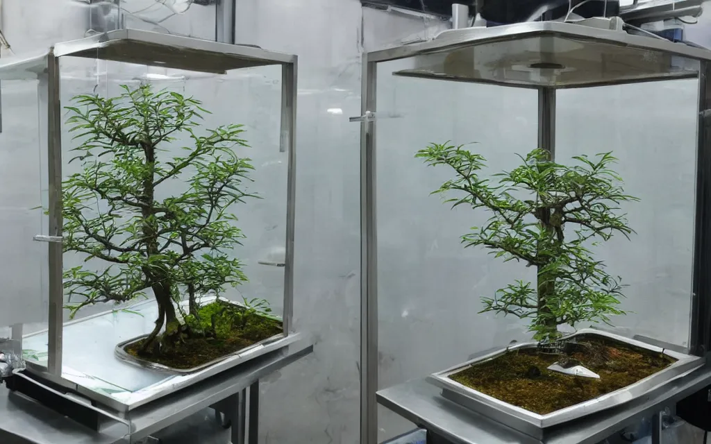 Prompt: a plant incubator made of glass, stainless steel and precision instruments. there is mist inside and pine bonsai is inside, detection screens outside