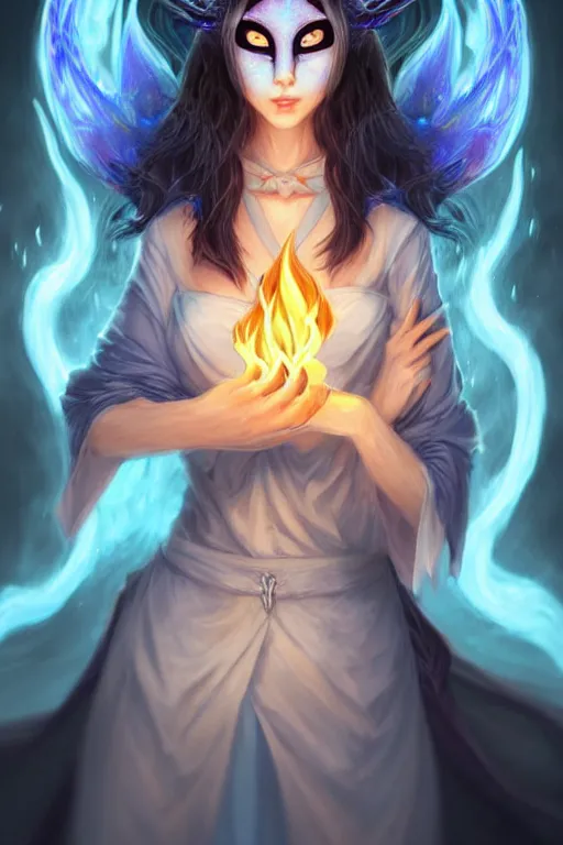 Image similar to gorgeous!!! hyper - realstic sorceress with a kitsune mask, holding a tattered magical book, casting a flame spell, blue flames | drawn by wlop, drawn by jeehyung lee, drawn by artgerm | fantasy, dark, intricate, highly detailed, digital painting, character design, concept art, illustration, artstation