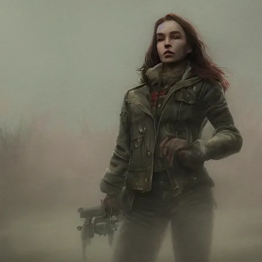 Image similar to fallout 5, charismatic beautiful rugged brunette female protagonist, portrait, outdoors foggy country road, atmospheric lighting, painted, intricate, volumetric lighting, beautiful, cold morning, overcast weather, sharp focus, deep colours, ultra detailed, by leesha hannigan, ross tran, thierry doizon, kai carpenter, ignacio fernandez rios