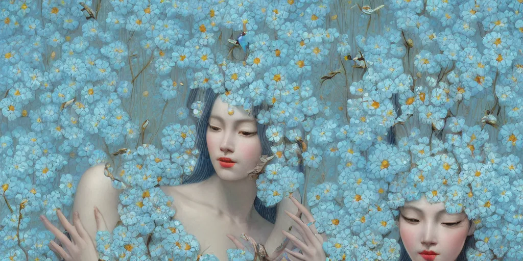 Image similar to breathtaking detailed concept art painting art deco pattern of faces goddesses of light - blue flowers with anxious piercing eyes and blend of flowers and birds, by hsiao - ron cheng and john james audubon, bizarre compositions, exquisite detail, extremely moody lighting, 8 k