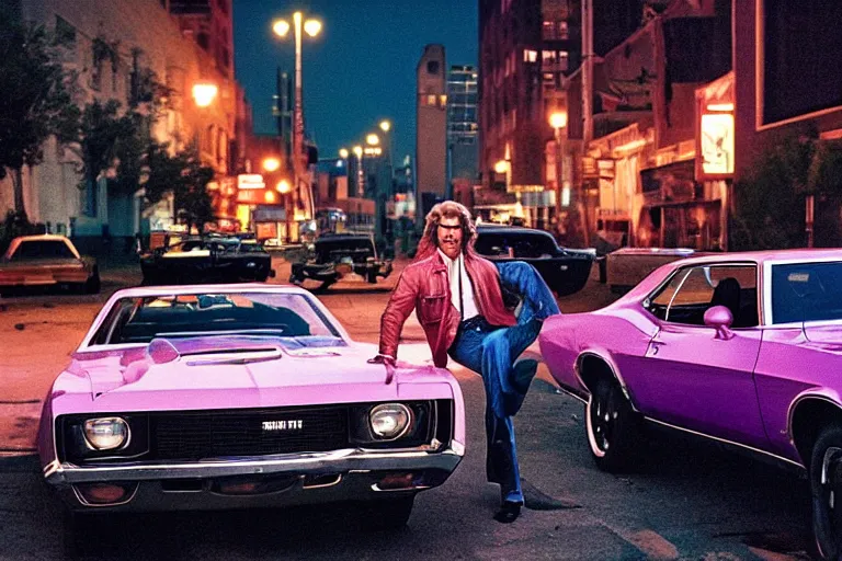 Image similar to 70s dressed Kurt Russel posing and in the background there two 70’s muscle cars parked on a deserted city street at night time, purple lighted street, wide angle, cinematic, retro-wave vibes, grainy, soft motion blur