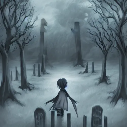 Image similar to anime hd, anime, 2 0 1 9 anime, tim burton children, western artstyle in anime, ghost children, children born as ghosts, dancing ghosts, london cemetery, albion, london architecture, buildings, gloomy lighting, moon in the sky, gravestones, creepy smiles