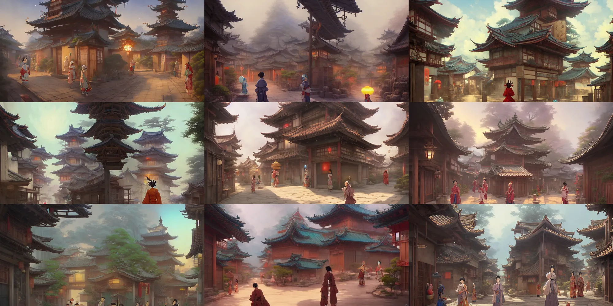 Prompt: painting of a traditional asian village street, with a statue of a strange and surreal god ; a high definition screenshot from the haunting and mystical dark fantasy science fiction anime anime anime film ; digital painting by peter mohrbacher and makoto shinkai, trending on artstation