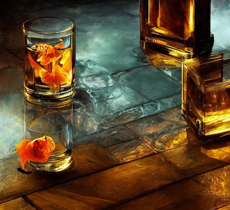 Prompt: on a wooden floor there is a crystal glass filled with whiskey and a goldfish swimming inside, close up view, dramatic lighting, DOF, caustics, soft, sharp focus, art nouveau, intricate artwork by Raymond Swanland and Greg Rutkowski