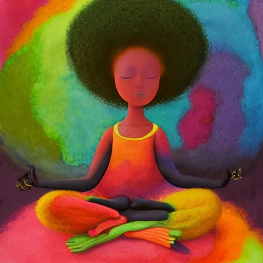 Image similar to a black girl with a colorful afro and big colorful eyes meditating in an african zen garden at sunset, bright colours, bokeh!!, watercolor, volumetric wool felting, macro photography, children illustration, by goro fujita