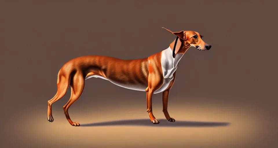 Image similar to a digital painting of a greyhound - sausage dog hybrid, isolated, hyperealism, award winning, stunning, trending on art - sation, highly detailed, cinematic lighting, 8 k, hd