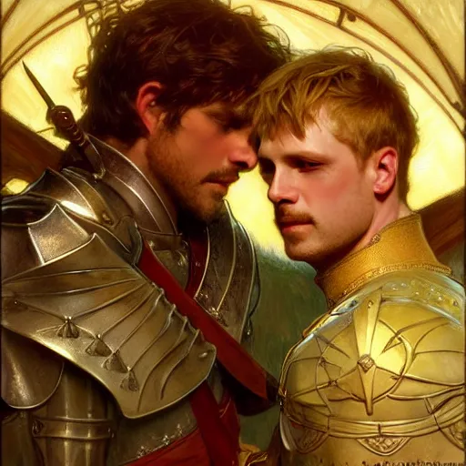 Image similar to attractive arthur pendragon and his attractive male knight, they are in love, natural lighting, path traced, highly detailed, high quality, digital painting, by gaston bussiere, craig mullins, alphonse mucha j. c. leyendecker