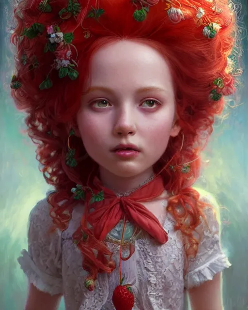 Image similar to strawberry shortcake portrait | highly detailed | very intricate | symmetrical | whimsical and magical | soft cinematic lighting | award - winning | closeup portrait | doll | painted by donato giancola and mandy jurgens and ross tran | pastel color palette | featured on artstation