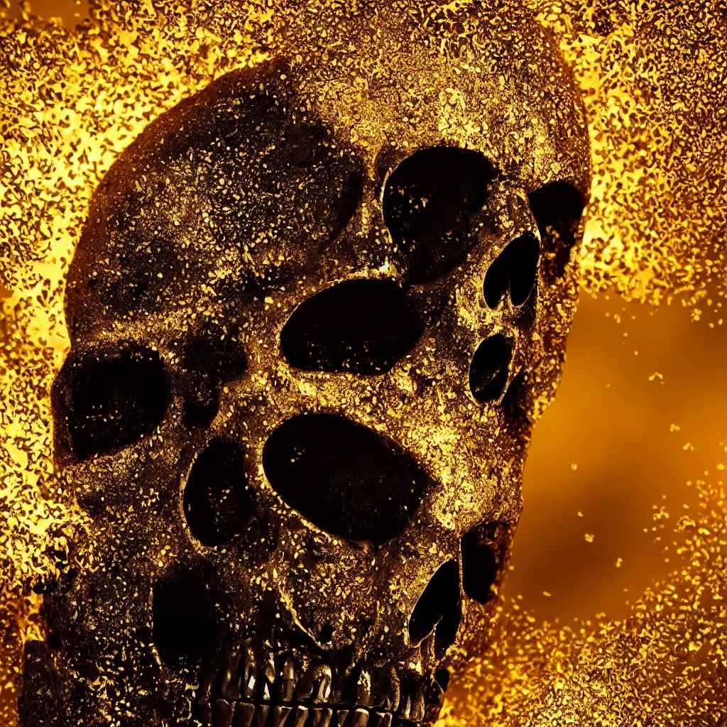 Prompt: black skull covered in thick dripping golden honey, golden hour, viscous, light rays, light bloom, bokeh, beautiful scene, white backdrop, professional studio product photography, HD render, octane render, VRAY, 8K, 4K