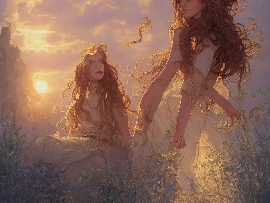 Prompt: hermione granger with hogwarts as background at sunset, highly detailed, gold filigree, romantic storybook fantasy, soft cinematic lighting, award, disney concept art watercolor illustration by mandy jurgens and alphonse mucha and alena aenami, pastel color palette, featured on artstation