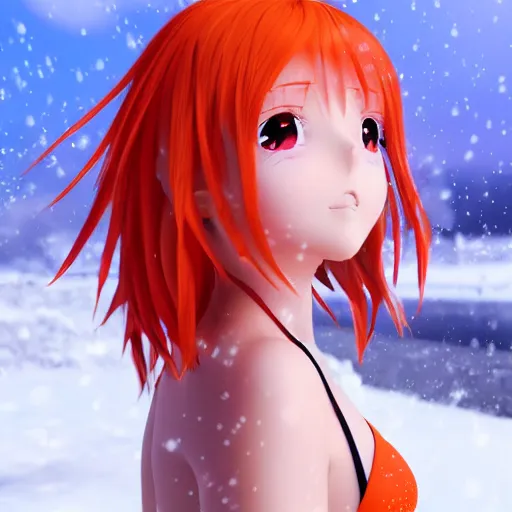 Image similar to render as a very beautiful 3d anime girl, short orange red hair, hazel eyes, full round face, short smile, cute bikini, snowy hills, snowing, cinematic lightning, medium shot, mid-shot, highly detailed, trending on Artstation, Unreal Engine 4k, cinematic wallpaper