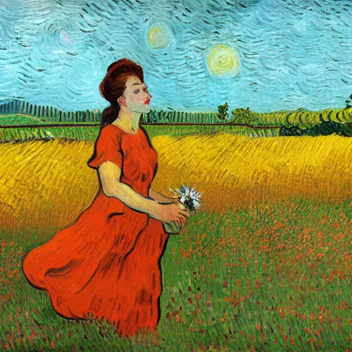 Image similar to Fair skinned young woman, large field, flowers, beautiful, art, 8k, sunset, skyline, young woman in a dress, wind, trees in background, picking flowers, summer night, dynamic lighting, Vincent van Gogh oil painting, off center, large brush strokes, post impressionism, orange, yellow, red, blues, fine art