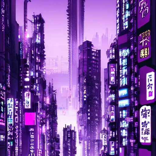 Image similar to Cyberpunk neon Tokyo skyline in style of Tsutomu Nihei in purple and black tones. Cyberpunk, vertical symmetry, 8K, Highly Detailed, Intricate.