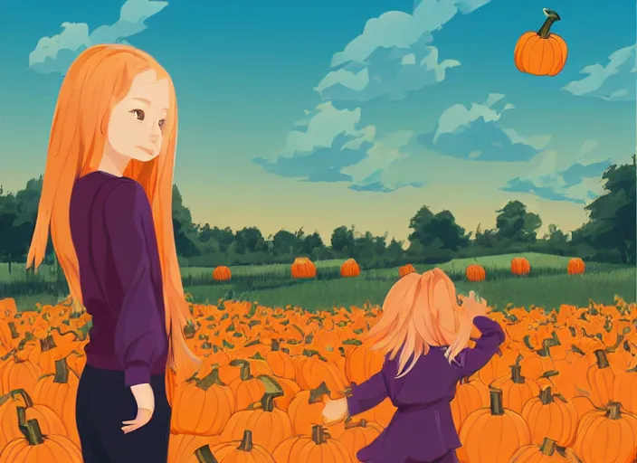 Image similar to little girl with long blonde hair visiting a pumpkin patch. she is facing away from the viewer. clean cel shaded vector art. shutterstock. behance hd by lois van baarle, artgerm, helen huang, by makoto shinkai and ilya kuvshinov, rossdraws, illustration, art by ilya kuvshinov