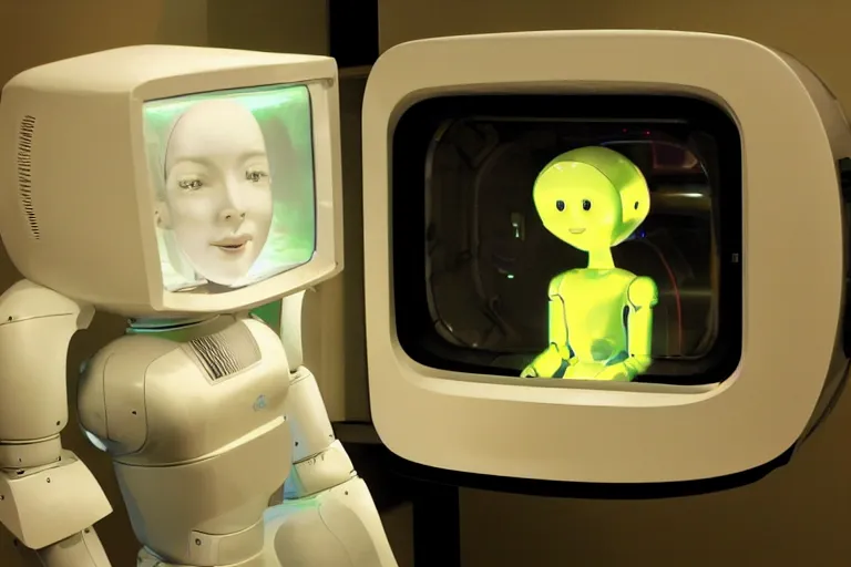 Image similar to humanoid robot sticking her head inside of a microwave, from 2001, bathed in the glow of a crt television, low-light photograph, in the style of jack bridgeland