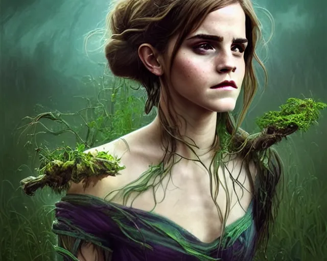 Prompt: mindblowing portrait of emma watson as a swamp witch, green colored skin!!, holding caduceus, messy hair, deep focus, d & d, fantasy, intricate, elegant, highly detailed, digital painting, artstation, concept art, matte, sharp, illustration, hearthstone, art by artgerm and greg rutkowski and alphonse mucha