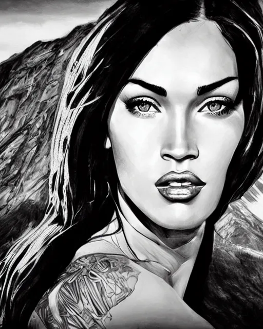 Image similar to realism sketch of megan fox face blended with beautiful mountain scenery in the style of dan mountford, double exposure, hyper realistic, amazing detail, black and white