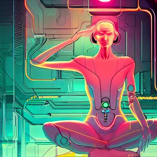 Prompt: a portrait of a beautiful cybernetic woman meditating in lotus pose, cyberpunk concept art by josan gonzales and jean claude meziere and syd mead