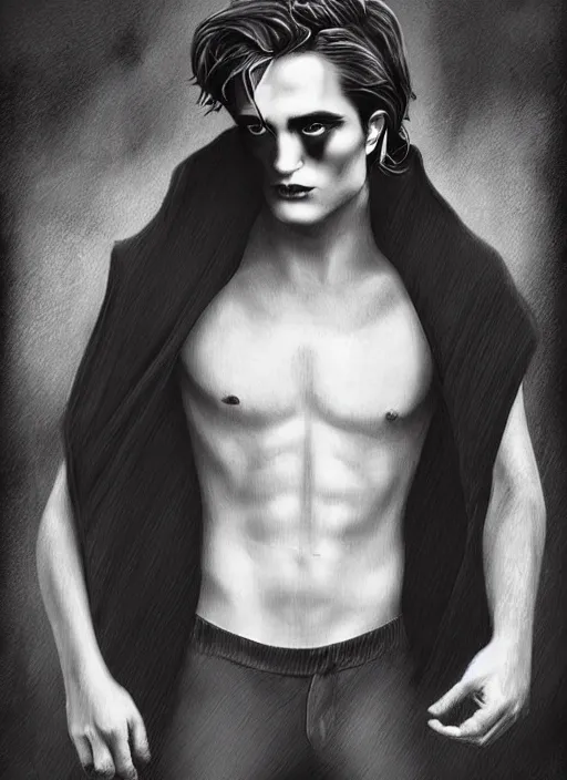 Image similar to well - shaven robert pattinson, black outfit, cape, in the style of tom bagshaw, sandman, misty endless dream cinematic background, netflix sandman