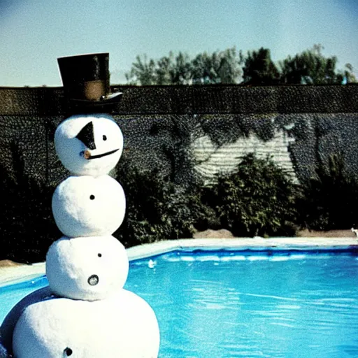 Prompt: Snowman sunbathing at pool, 1987 kodak photograph