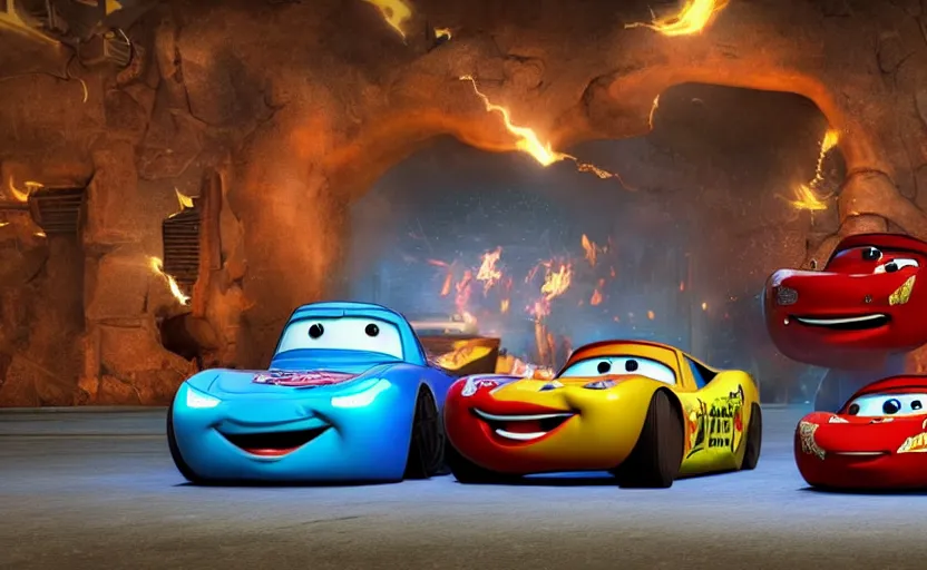 Image similar to vinn diesel and lightning mcqueen from cars 2 hugging, low - light photography, scene from the movie cars 2