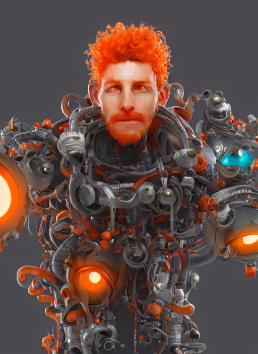 Prompt: biopunk portrait of curly orange hair man as a scientist, au naturel, hyper detailed, digital art, trending in artstation, cinematic lighting, studio quality, smooth render, unreal engine 5 rendered, octane rendered, art style by pixar dreamworks warner bros disney riot games and overwatch.