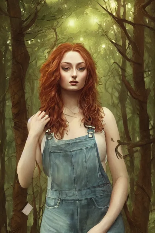 Image similar to woman, Sophie Turner, portrait, highly detailed, digital painting, artstation, summer forest background, concept art, sharp focus, illustration, overalls, long curly brown hair, art by artgerm and greg rutkowski and magali villeneuve