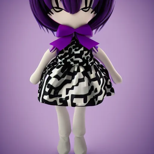 Image similar to cute fumo plush of a girl in a purple and black dazzle pattern dress, anime, character silhouette, edge glow, cel shaded pbr, vray