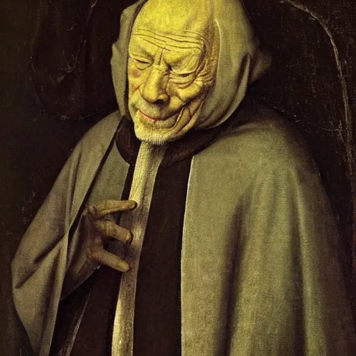 Prompt: portrait of an old frail wise wizard man in an ancient robe, art by hieronymus bosch