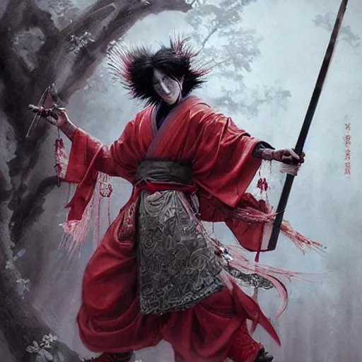 Image similar to an epic portrait of insane kabuki male wielding a spear and doing the nirami covered in a magical mist of insanity, intricate hakama, poofy red wig, eerie, highly detailed, dark fantasy, art by artgerm and greg rutkowski