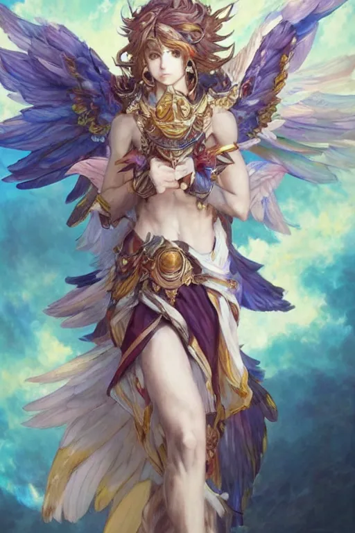 Image similar to a beautiful painting of sandalphon from granblue fantasy, wings with colorful feathers, ray of light, shimmering and prismatic, rococo, highly detailed, by krenz cushart and mucha, trending on artstation.