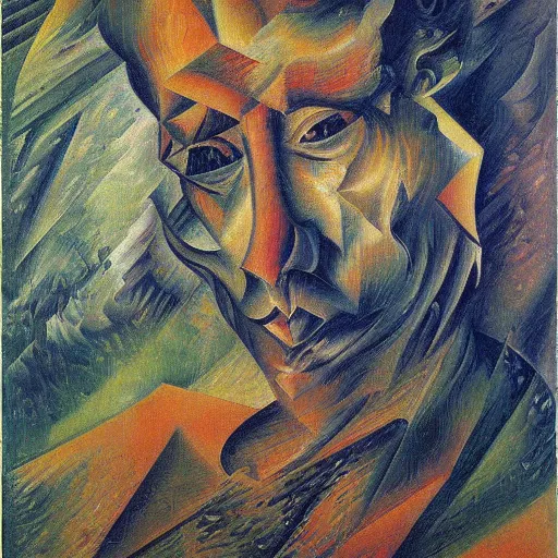 Prompt: dynamism of psychosis a portrait by umberto boccioni, oil on canvas