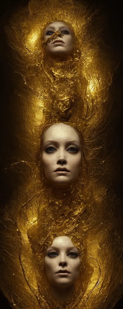 Prompt: Hyper realistic portrait of a surreal goddess floating in the dark night, gold dripping in spiral, Mistic ambient, ultra super good realistic 3D render by Pete Morbacher and Emil Melmoth, insanely detailed, trending on artstation, sharp focus