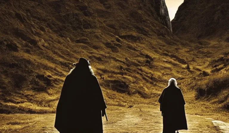 Image similar to gandalf walking down a path, mountains in the distance, landscape, epic, in the style of akira kurosawa, cinematic, dramatic lighting, film grain