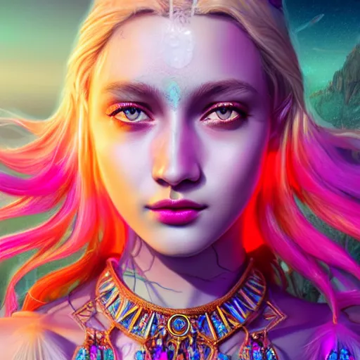 Prompt: portrait highly detailed beautiful symmetrical face high priestess water nymph intricate elegant detailed crystal jewellery with tribal feathers, lush colourful volumetric lighting, digital painting, concept art, smooth, sharp focus 3 d, divine realm of gods, realistic cinematic style, octane render, photographic, unreal engine 8 k