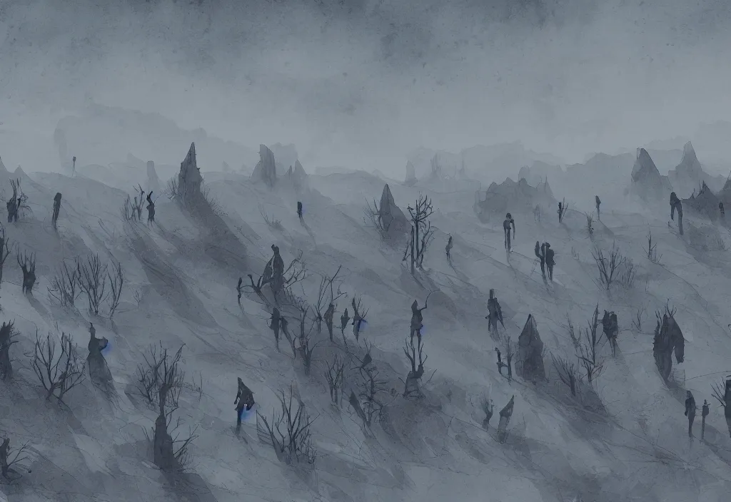 Prompt: handmade illustration of a bleak landscape, line art, ink, some small silhouetted medieval men among the trees, watercolor by Kilian Eng and by Jake Parker, winning-award masterpiece, fantastic, octane render, 8K HD Resolution, High quality image