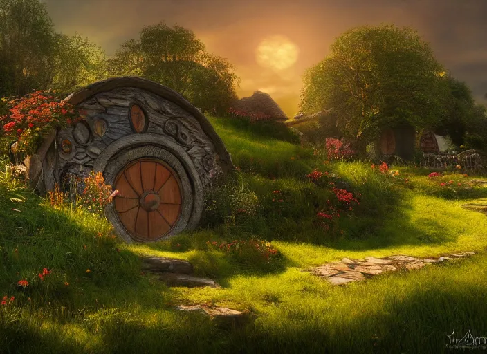 Image similar to sunrise, spring, hobbit's house, shire, hobbiton landscape by levitan, masterpiece, trending on artstation, cinematic composition, beautiful lighting, sharp, details, hyper - detailed, hd