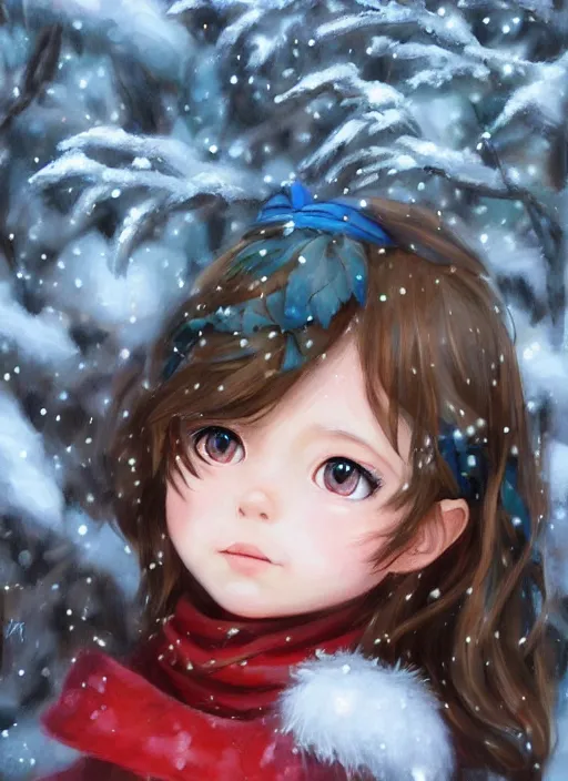 Prompt: A cute little girl with shoulder length curly brown hair and blue eyes in a snowy forest trying to catch snowflakes. beautiful fantasy art by By Artgerm and Hayao Miyazaki, trending on artstation.