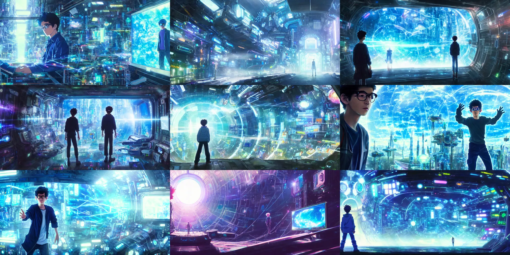 Prompt: painting of near future technological world, magical realism, looking through the prism at the digital world, ready player one, screenshot from the Kyoto Animation anime about the boy who wears nervegear, makoto shinkai, augmented reality, real life blended with digital world