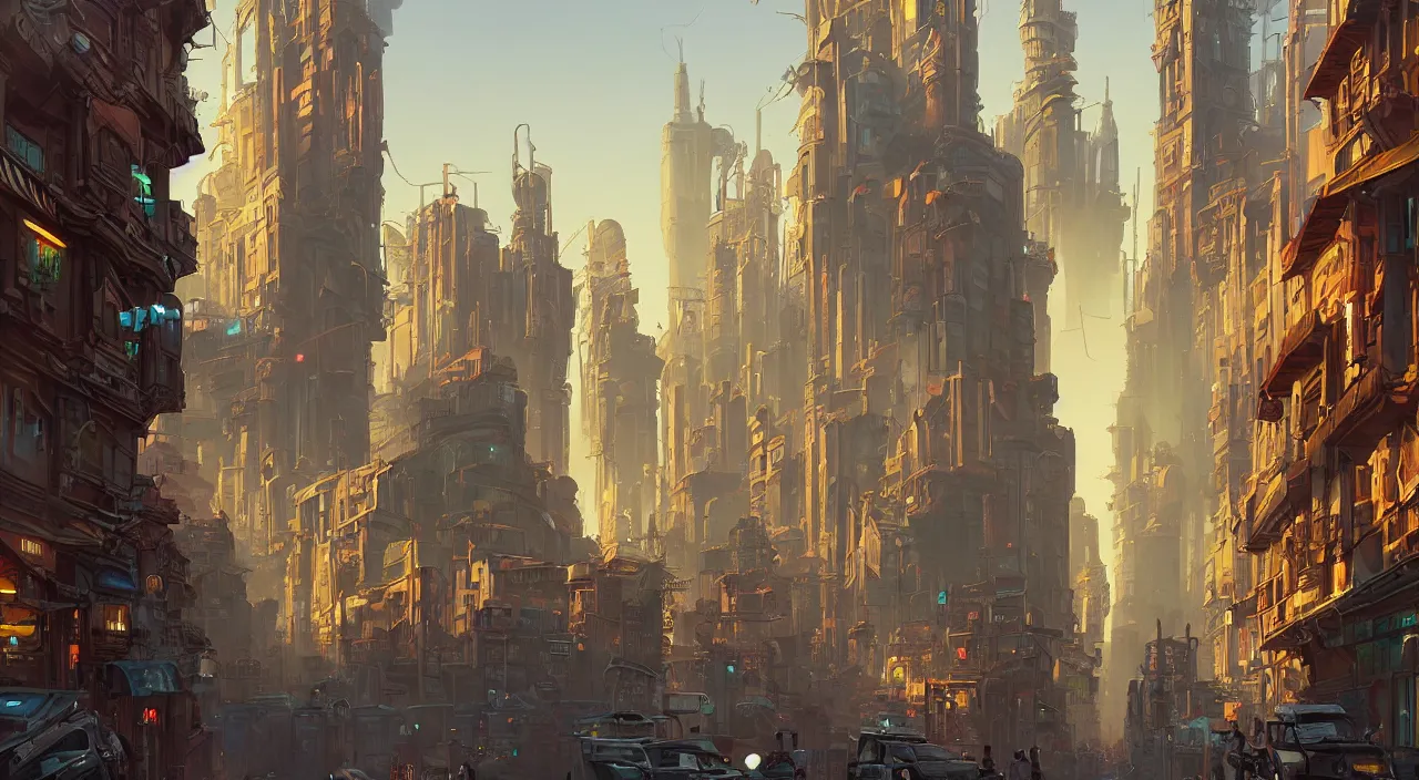 Image similar to an street level painting with high detail, ground level, sci - fi colorful victorian megacity at golden hour with sharp shadows by tyler edlin and sparth, 4 k, vray, art nouveau influences. roger deakins, cinematic cinematography.