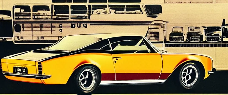 Image similar to black audi camaro b 1 ( 1 9 6 7 ) with flames livery, retro poster, establishing shot