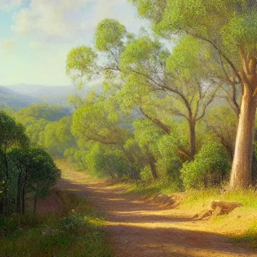 Image similar to a painting of a dirt road surrounded by oak trees and eucalyptus trees and california golden poppies, woodland hill in the distance. an oil painting by Peter Mohrbach and Mark Keathley, featured on deviantart, australian tonalism, pre-raphaelite, impressionism, detailed painting