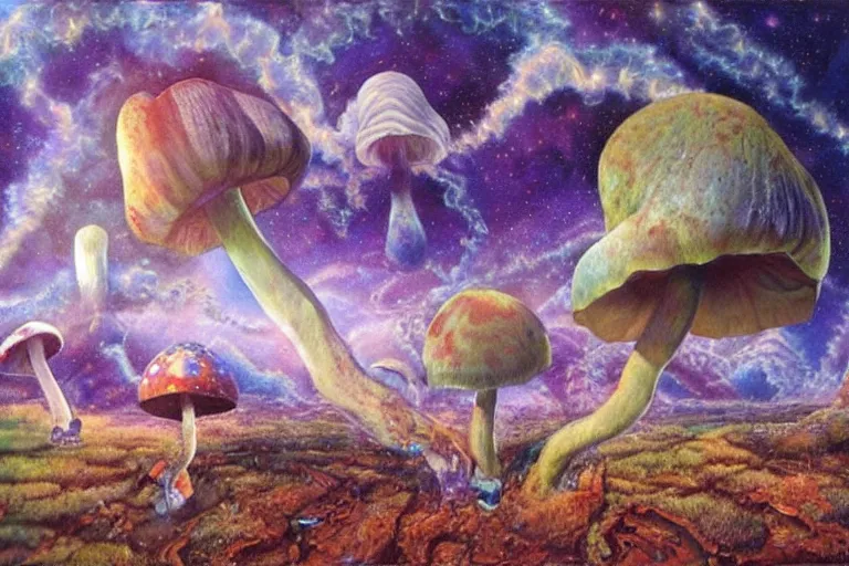 Image similar to how magic mushrooms can take us to the farthest reaches of innerspace, painting by james gurney