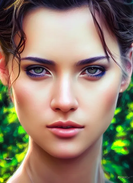 Image similar to photo of a gorgeous female in the style of stefan kostic, realistic, half body shot, sharp focus, 8 k high definition, insanely detailed, intricate, elegant, art by stanley lau and artgerm, extreme bokeh foliage