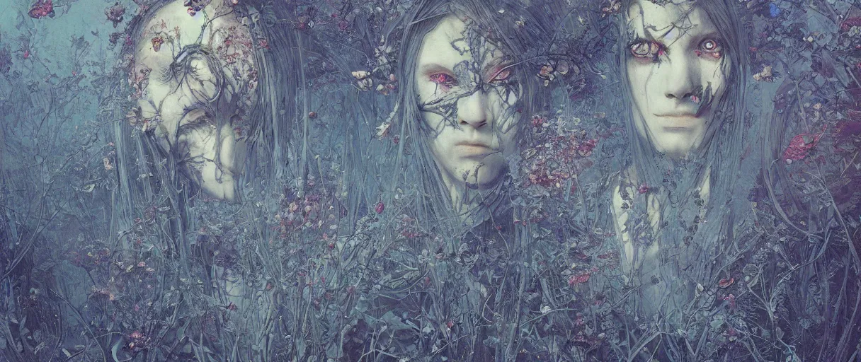 Image similar to panorama of beautiful gothic, warhammer, japanic style, cyberpunk, a lot of scars, more and more flowers, blue head, the middle ages, highly detailed, artstation, illustration, art by jean delville, 8 k quality, artwork by tooth wu and wlop and beeple and greg rutkowski